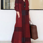 Long Sleeves Loose Plaid Pockets Lapel Maxi Dresses Shirt Dress