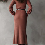 Ribbed Knit Maxi Dress With Deep V Collar And Leather Belt