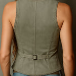 Olive Suede Boho Embroidered Corset Vest With Lace Trim