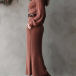 Ribbed Knit Maxi Dress With Deep V Collar And Leather Belt