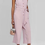 Buttoned Sleeveless Cropped Jumpsuit With Sash