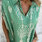 Linen Blend Unique Print Lapel Casual Pocket Mini Dress
