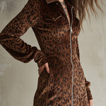 Retro Short Velvet Leopard Print Lantern Sleeve Mini Dress