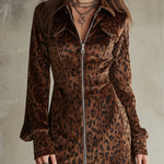 Retro Short Velvet Leopard Print Lantern Sleeve Mini Dress