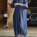 Loose Raglan Sleeve Drawstring Lace-Up Pleated Solid Color Round-Neck Midi Dresses
