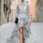 Striped Button-Front Ruffled High-Low Shirt Dress