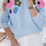 Light Blue 60s Flower Pattern Ribbed Edge Sweater