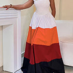 A-Line High Waisted Contrast Color Pleated Pockets Tied Zipper Spaghetti-Neck Maxi Dresses