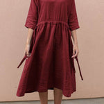 Lace-up V-neck cotton linen mid-sleeve dress