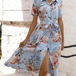 A-Line Loose Buttoned Flower Print Tied Waist Lapel Midi Dresses