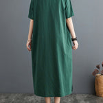 A-Line Loose Chinese Frog Buttons Pockets Solid Color Split-Side V-Neck Midi Dresses
