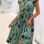 High Waisted Sleeveless Abstract Printed Contrast Color Pleated Polka-Dot Split-Joint Tied Waist Round-Neck Midi Dresses