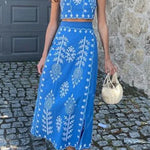 Casual Vacation Geometric Print Bandage Short Sleeve Two Pieces