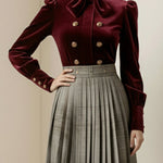 Long Sleeves Puff Sleeves Bow-Embellished Buttoned Contrast Color Pleated Split-Joint High Neck Blouses&Shirts Tops