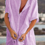 Loose solid color short-sleeved shirt dress beach sun protection clothing