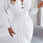 Buttoned V-neck twist lantern sleeves hip-hugging sweater dress