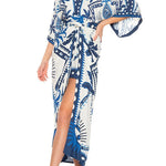 Margovil V Neck Kimono Sleeves Tie Waist Printed Wrap Dress