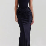 Margovil Strapless Ruched Satin Splice Bodycon Maxi Dress