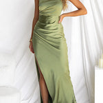 Sleeveless One Shoulder Ruched Side Slit Maxi Dress