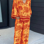 Margovil Lapel V Neck Long Sleeves Shirt Wide Leg Pants Printed Casual Set