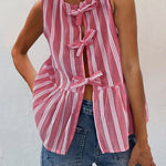 Margovil Crewneck Sleeveless Striped Ruffle Bow Top