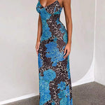 Margovil V Neck Color Block Leopard Print Maxi Cami Dress