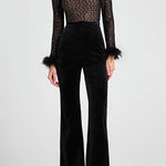 Margovil Feather Cuffs Bell Bottom Velvet Splice Jumpsuit