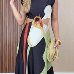 Margovil Mockneck Sleeveless Cut Out Waist Printed Maxi Dress