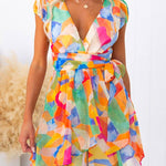 Wrap V Neck Tie Waist Printed Ruffle Mini Dress