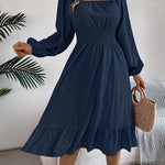A-Line Elasticated Waist Pleated Ruffled Solid Color Square-Neck Midi Dresses