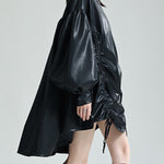 High-Low Long Sleeves Drawstring Pleated Solid Color Stand Collar Mini Dresses