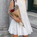 A-Line Loose Pleated Ruffled Solid Color Split-Joint Round-Neck Mini Dresses Shirt Dress