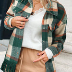 Plaid Snap Button Pocket Fringed Hem Shacket