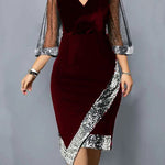 Bodycon Wrap Contrast Color Mesh Sequined Split-Joint V-Neck Midi Dresses