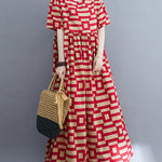 Loose Short Sleeves Plaid Round-Neck Midi Dresses