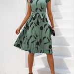 High Waisted Sleeveless Abstract Printed Contrast Color Pleated Polka-Dot Split-Joint Tied Waist Round-Neck Midi Dresses