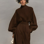 Women's Chocolate Woven Set With Puff Sleeve Turtleneck & Wide-Leg Pants, Timeless Luxe-Chic Style Set
