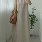 Casual Simple Solid Color Split-Side Round-Neck Sleeveless Midi Dress