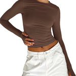Long Sleeves Skinny Hollow Solid Color Round-Neck T-Shirts Tops