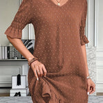 A-Line Flared Sleeves Elasticity Jacquard Pleated Solid Color Split-Joint V-Neck Mini Dresses