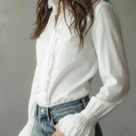 Elegant Ruffled Button-Down Long Sleeve Shirt With Flared Cuffs