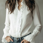 Elegant Ruffled Button-Down Long Sleeve Shirt With Flared Cuffs