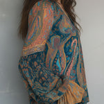 Bohemian Teal & Amber Paisley Chiffon Blouse With Ruffled Cuffs