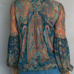 Bohemian Teal & Amber Paisley Chiffon Blouse With Ruffled Cuffs