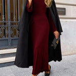 Long Sleeves Pleated Ruffled Solid Color Split-Joint Round-Neck Maxi Dresses