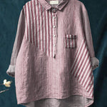 Women's Casual Cotton And Linen Striped Long-Sleeved Shirt