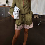 Eye-catching Work Contrast Color Satin Lace Trim Elastic Waist Pocket Shorts
