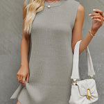 A-Line Loose Solid Color Split-Side Tied Waist Round-Neck Mini Dresses Sweater Dresses