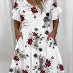 A-Line High Waisted Contrast Color Pleated Pockets Printed Split-Joint V-Neck Midi Dresses