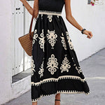 A-Line Loose Elasticity Pleated Printed Split-Joint Square-Neck Maxi Dresses